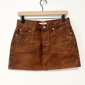 🛍️NEW RE/DONE Mid Rise Mini Leather Like Coated Brown Cotton Skirt size 25